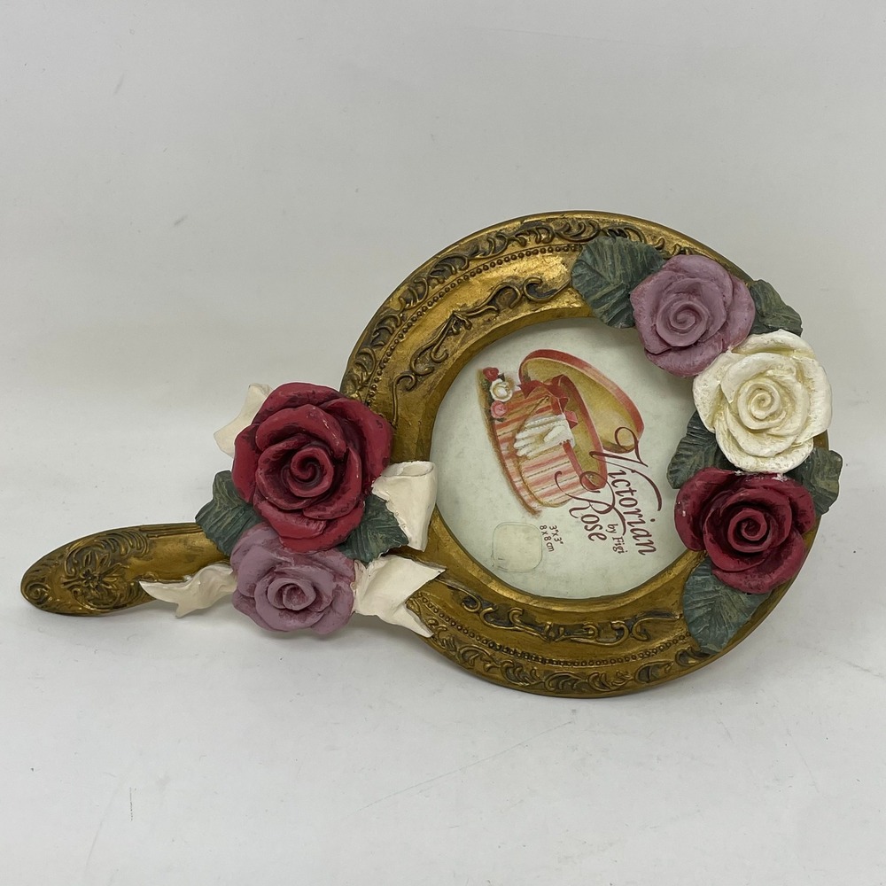 Vintage Figi Graphics 1996 Victorian Rose Hand Mirror Resin Photo Frame Gold 3x3